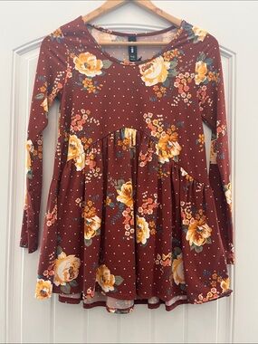 Women's Floral Long-Sleeve Babydoll Top - Rust Yellow